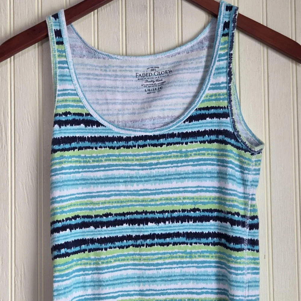 Faded Glory Tank Top Girls Large 12-14 Blue Stripe Scoop Neck Sleeveless Shirt